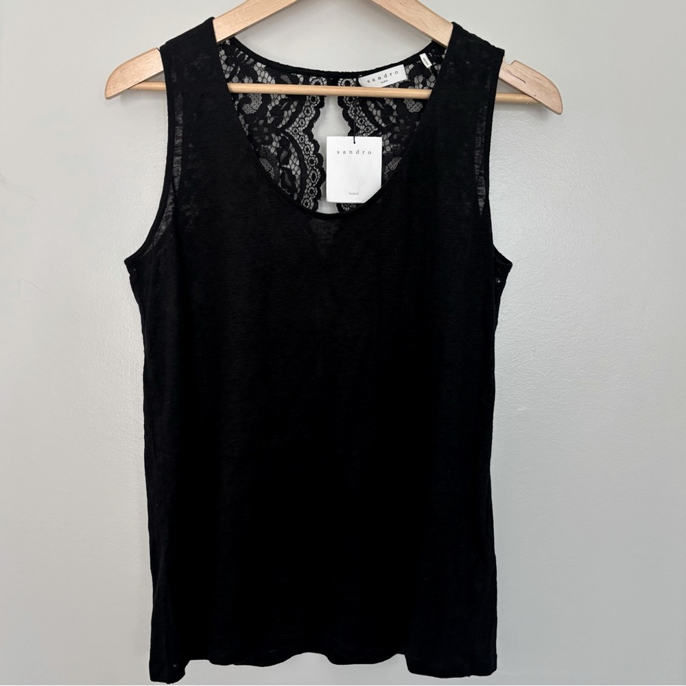 Sandro Paris Tango Lace Back Tank Top Noir Black Linen Blend T11239E Size 3 - Picture 2 of 10